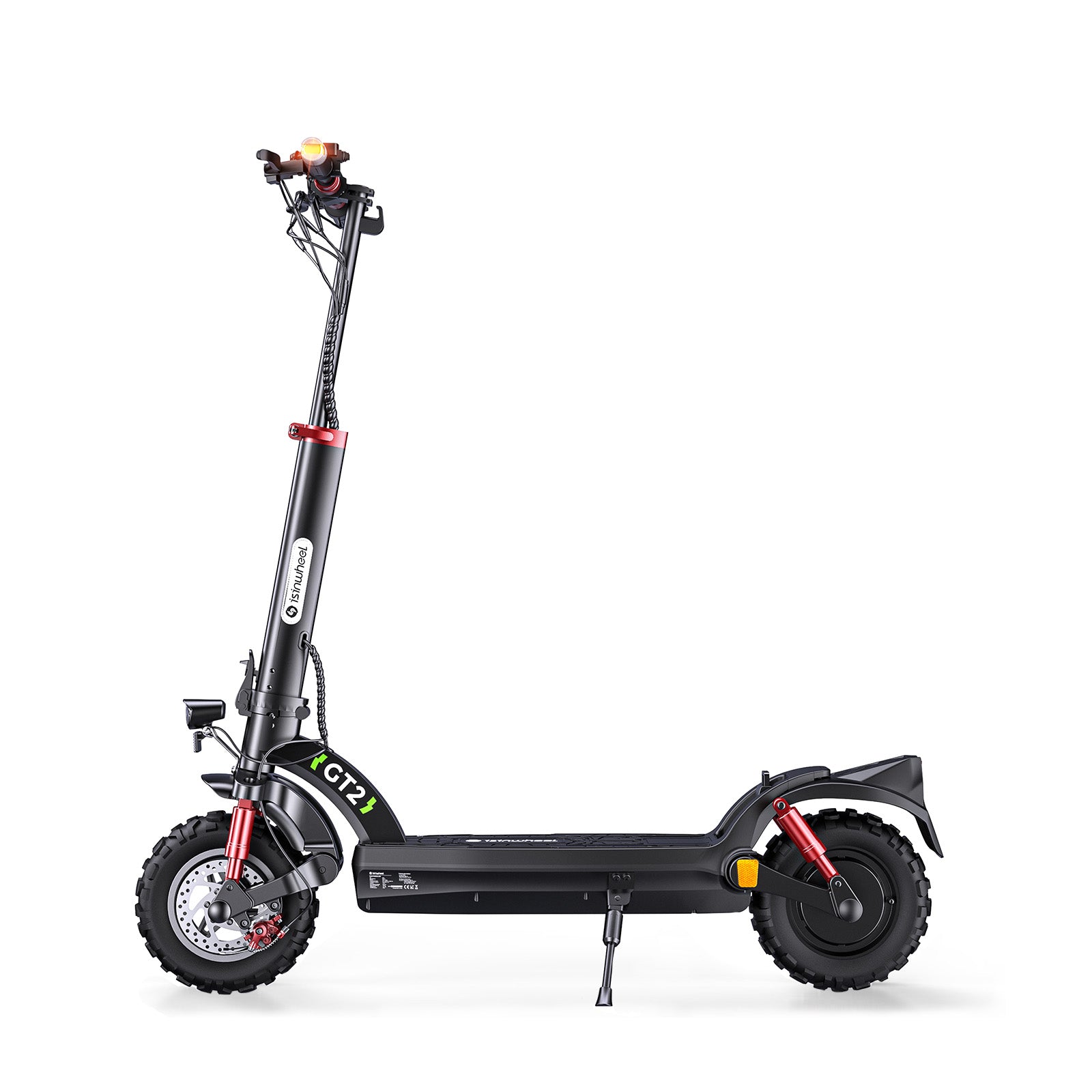 A sleek black electric scooter with rugged tires and red suspension, featuring a tall handlebar and a visible "GT2" label on the side, stands on a white background.