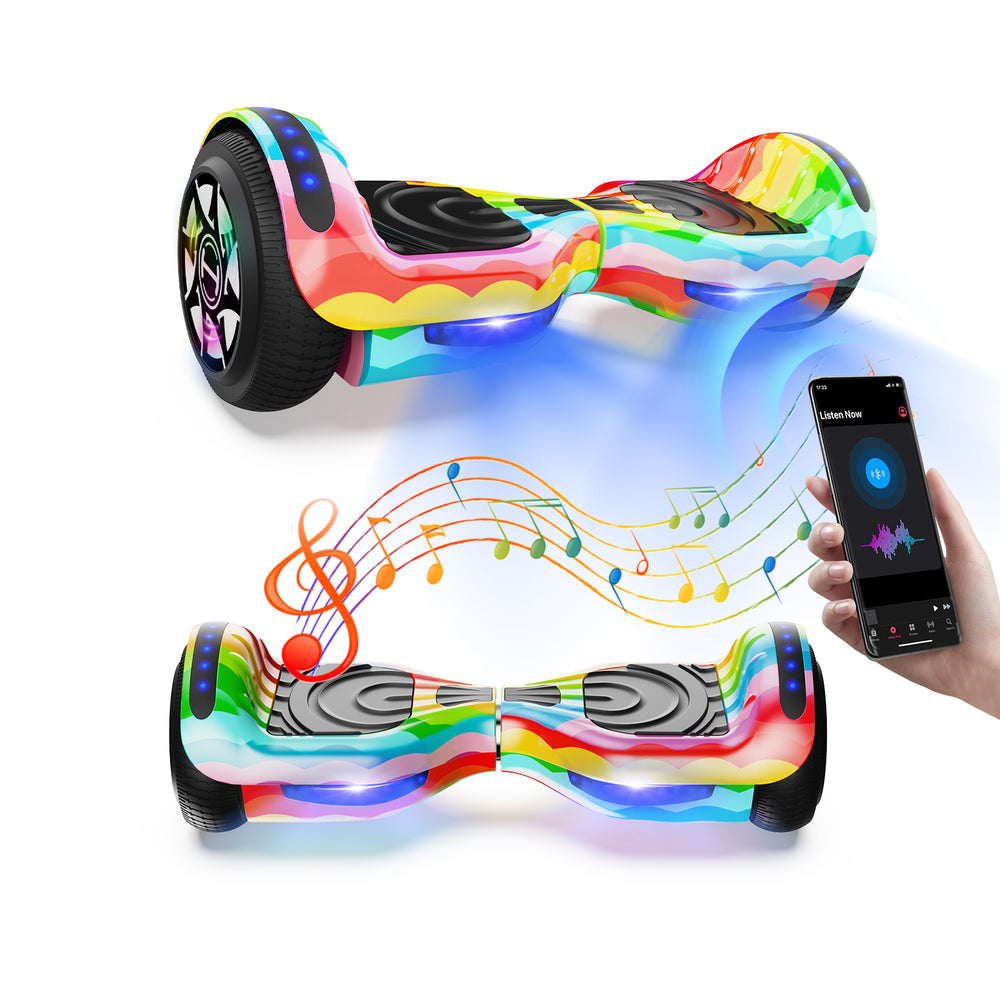 The iHoverboard Hoverboard for Kids, 6.5" Self-Balancing with Bluetooth LED Lights (CE Certified-H1), is shown connecting to a smartphone, with musical notes displaying its Bluetooth music streaming feature.