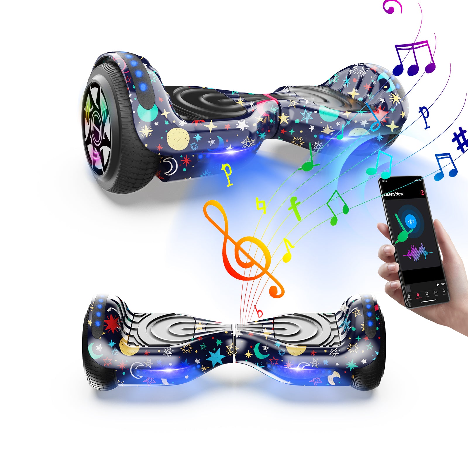 The iHoverboard Hoverboard for Kids (6.5", CE Certified-H1) features Bluetooth, LED lights, and a starry pattern. It plays music from a smartphone in hand while providing colorful, self-balancing fun.