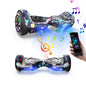 The iHoverboard Hoverboard for Kids (6.5", CE Certified-H1) features Bluetooth, LED lights, and a starry pattern. It plays music from a smartphone in hand while providing colorful, self-balancing fun.