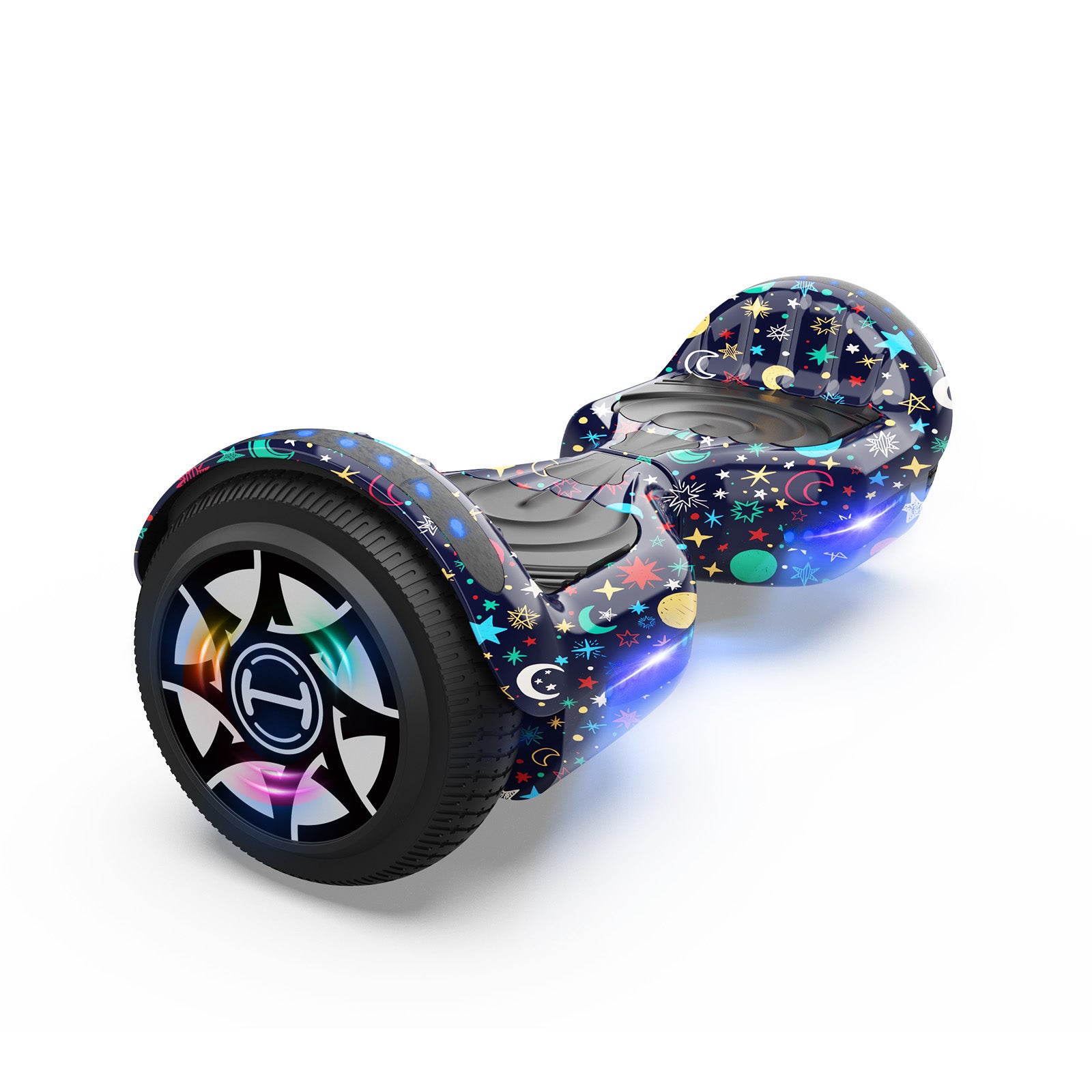 The iHoverboard Hoverboard for Kids, 6.5" Self-Balancing with Bluetooth LED Lights (CE Certified-H1), has a black base with colorful stars, moons, and planets, vibrant LED wheels, textured foot pads for grip, and a bright blue underglow.