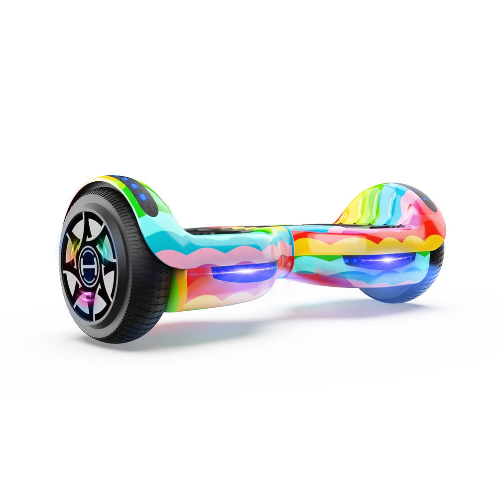 The iHoverboard Hoverboard for Kids, 6.5" Self-Balancing with Bluetooth LED Lights (CE Certified-H1), features a wavy rainbow pattern, black wheels, and blue side LEDs, displayed on a white background.