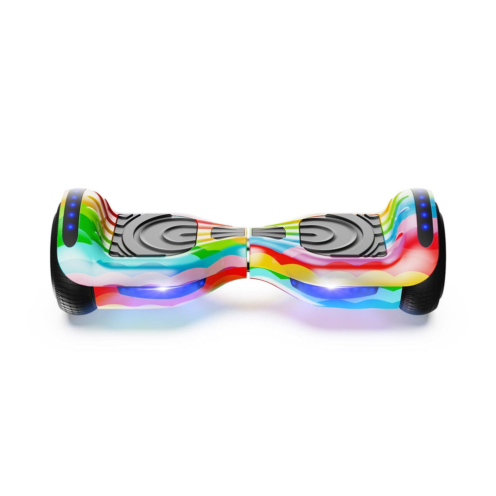 The iHoverboard Hoverboard for Kids (6.5", CE Certified-H1) features Bluetooth and vibrant LED lights on the wheels and sides, a wavy multi-colored design, and is self-balancing—shown here against a white background.