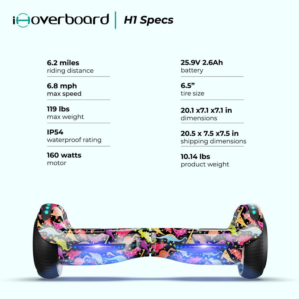 The iHoverboard Hoverboard for Kids, 6.5" Self-Balancing with Bluetooth LED Lights (CE Certified-H1) offers a 6.2-mile range, 8 mph top speed, IP54 rating, 160W motor, 25.9V battery, and fun rides with colorful lights and secure design.