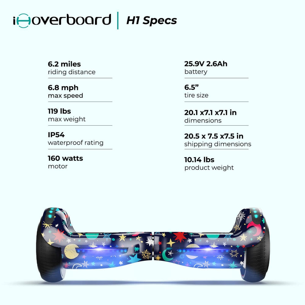 The iHoverboard Hoverboard for Kids, 6.5" Self-Balancing with Bluetooth LED Lights (CE Certified-H1) is displayed with key specs: riding distance, speed, weight, battery, tire size, dimensions, and waterproof rating.