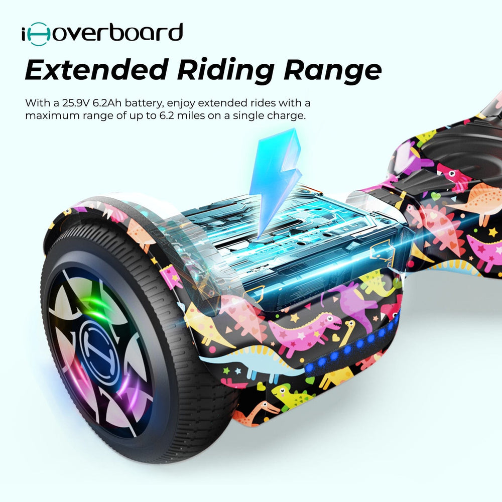 The iHoverboard Hoverboard for Kids, 6.5" Self-Balancing with Bluetooth LED Lights (CE Certified-H1) is shown in colorful dinosaur patterns with a 25.9V 6.2Ah battery, offering up to 6.2 miles per charge.