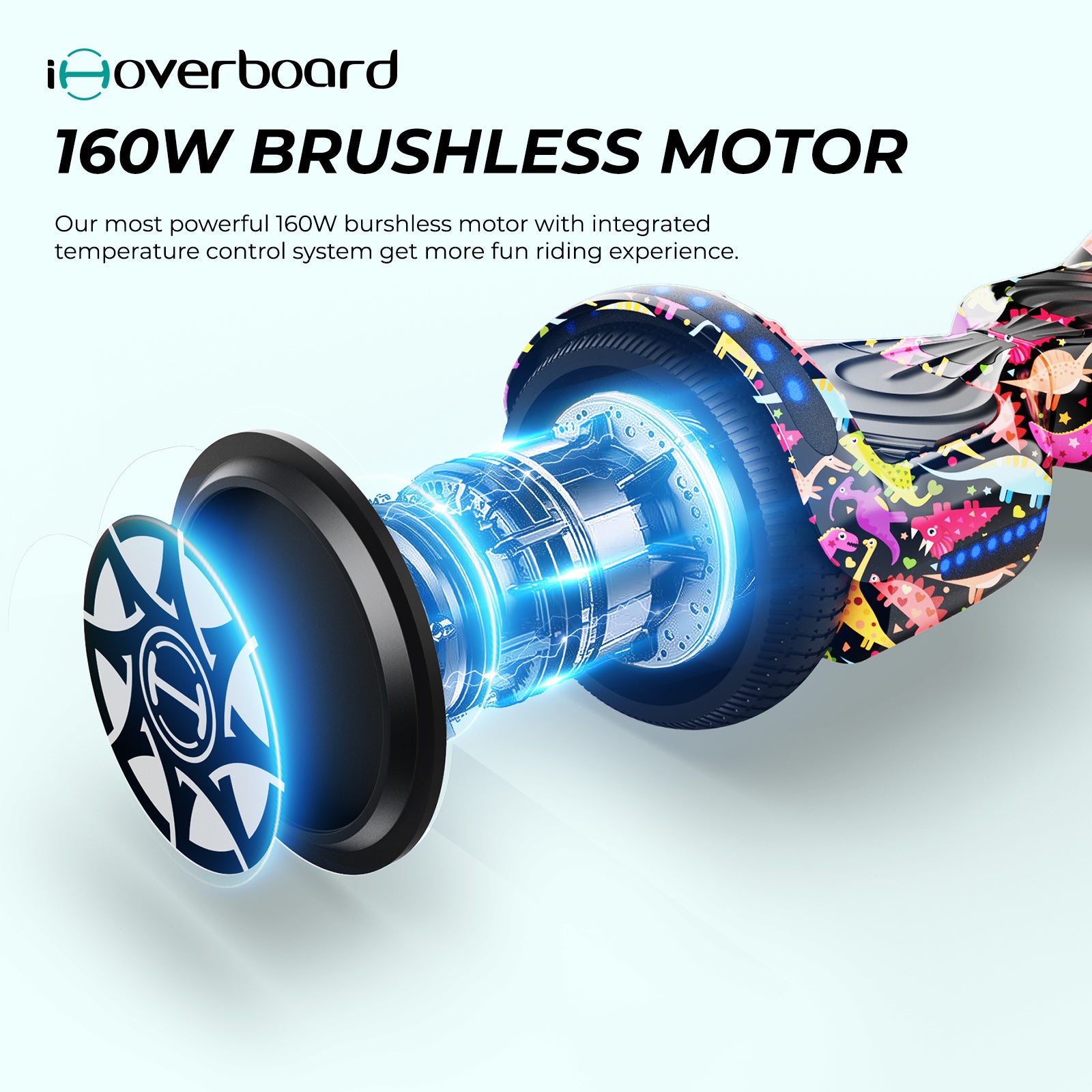 The iHoverboard Hoverboard for Kids, 6.5" Self-Balancing with Bluetooth LED Lights, CE Certified-H1, showcases its 160W brushless motor and integrated temperature control system with glowing blue highlights.