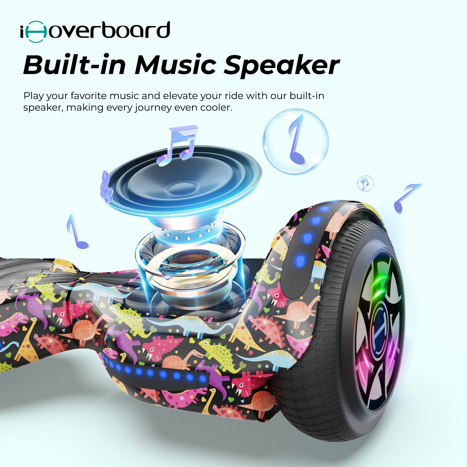 The iHoverboard Hoverboard for Kids, 6.5" Self-Balancing with Bluetooth LED lights (CE Certified-H1), features fun dinosaur patterns, glowing wheels, and a built-in music speaker to enhance every ride with tunes and vibrant style.