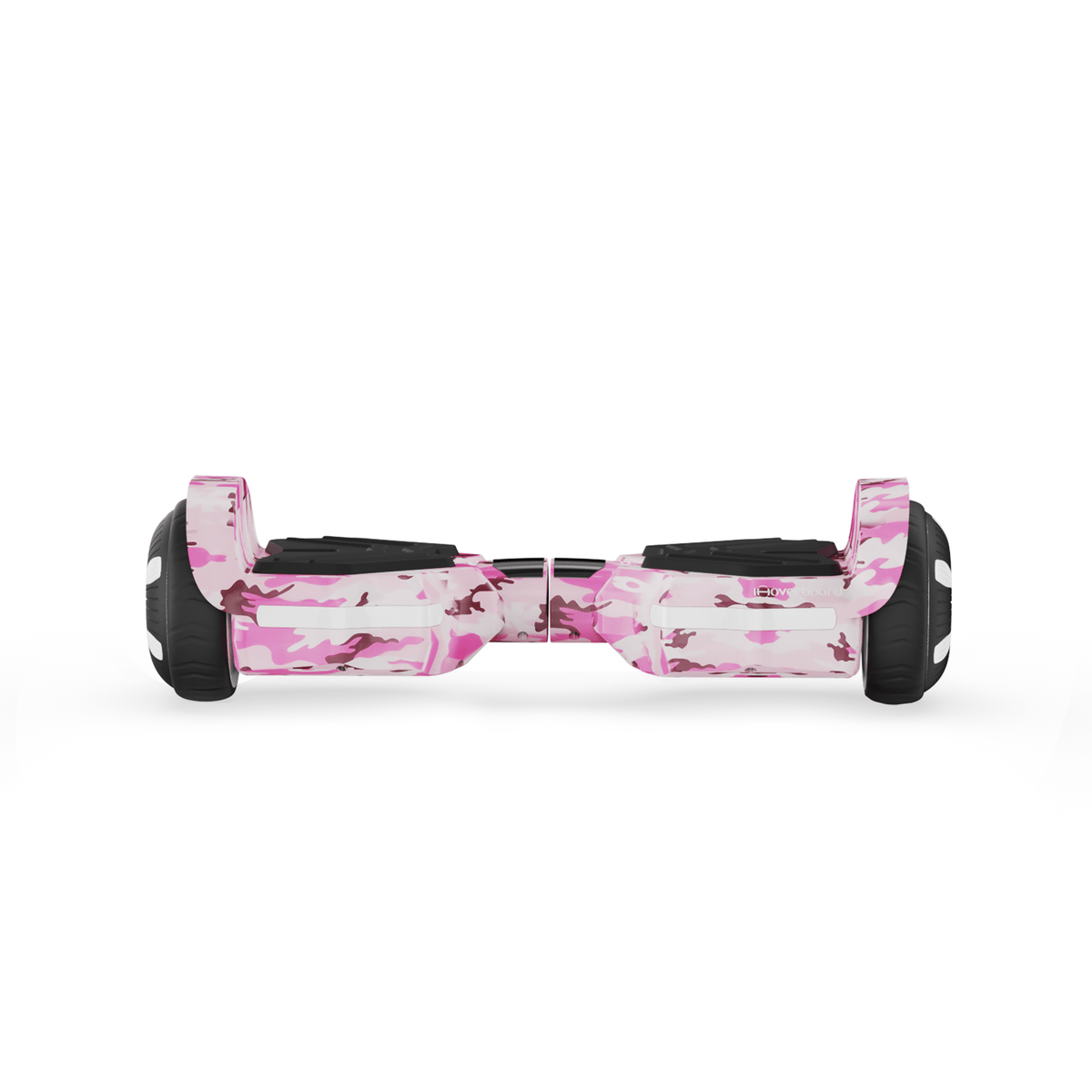 A hoverboard h2 with a vibrant pink camouflage pattern is displayed against a white background, featuring black footpads and sturdy black wheels.