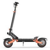 A black and orange electric scooter D2 with a sturdy frame, wide tires, and a height-adjustable handlebar, positioned against a white background.