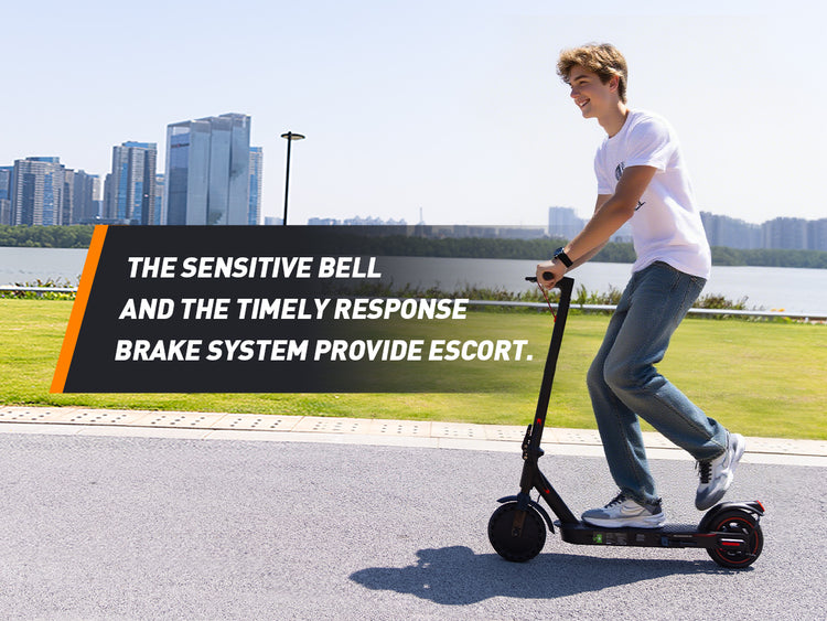 Integrated safety system on the iScooter i8 Electric Scooter featuring an alert bell and responsive brakes for confident urban navigation