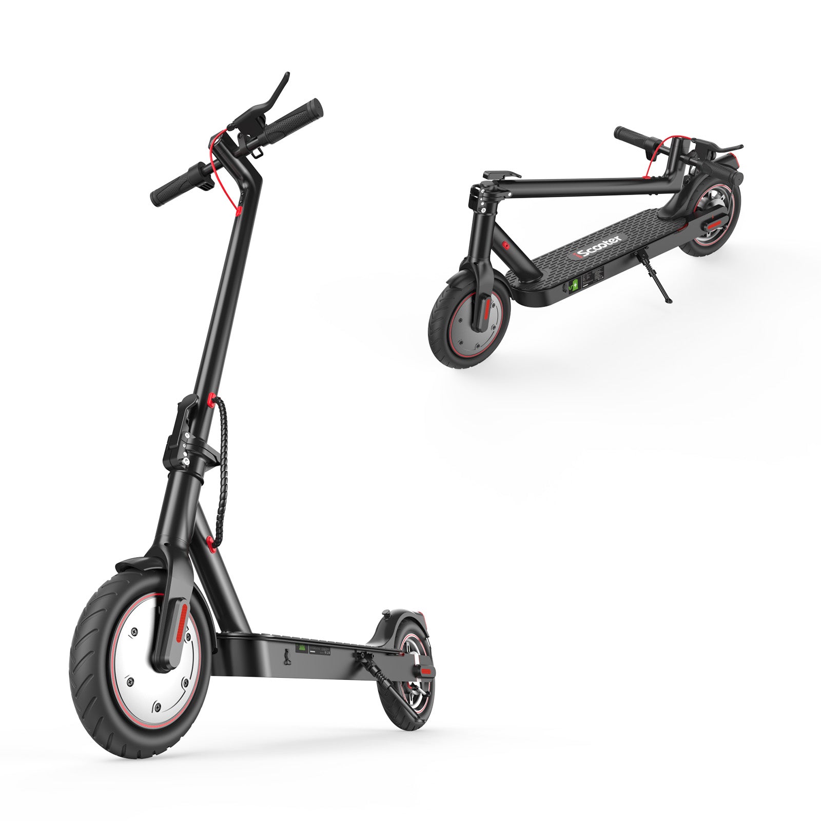 A sleek black electric scooter i8 is shown in two positions: upright and folded. The scooter features red accents, a sturdy frame, and thick tires, highlighting its modern design and portability.