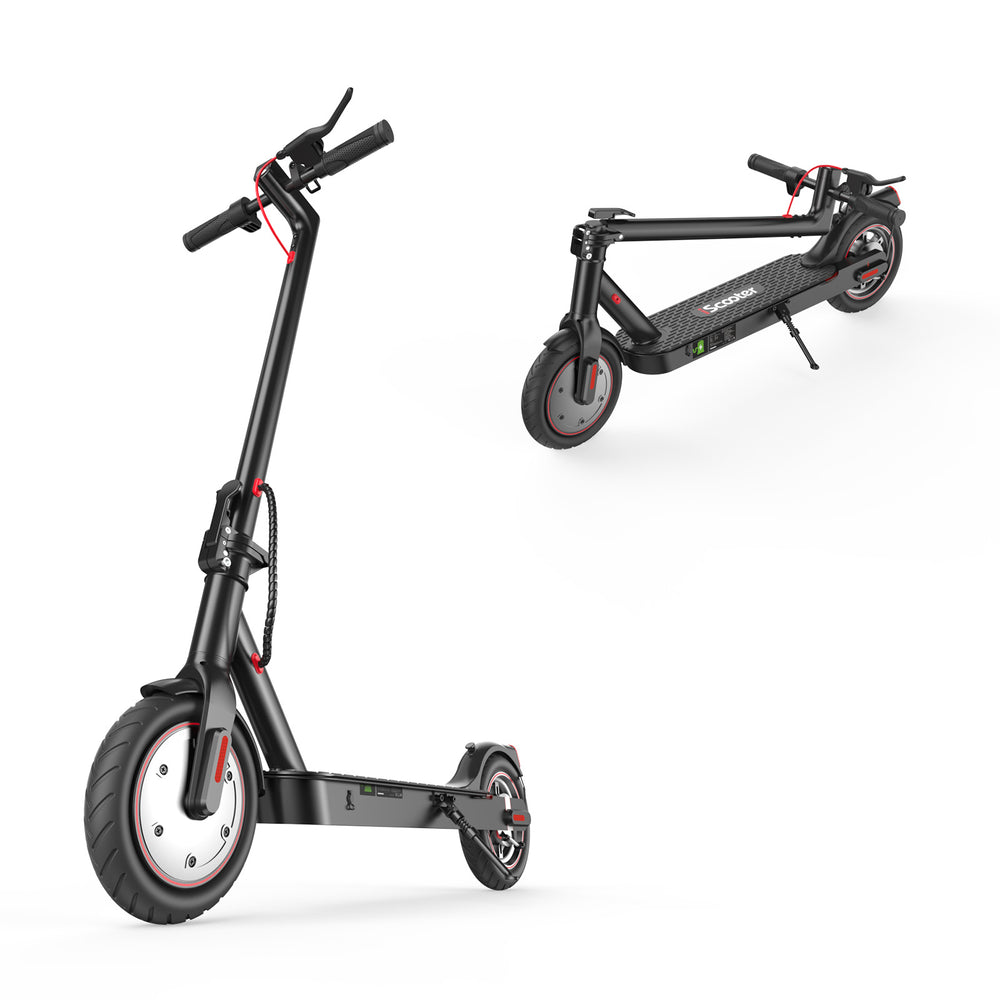 A sleek black electric scooter i8 is shown in two positions: upright and folded. The scooter features red accents, a sturdy frame, and thick tires, highlighting its modern design and portability.