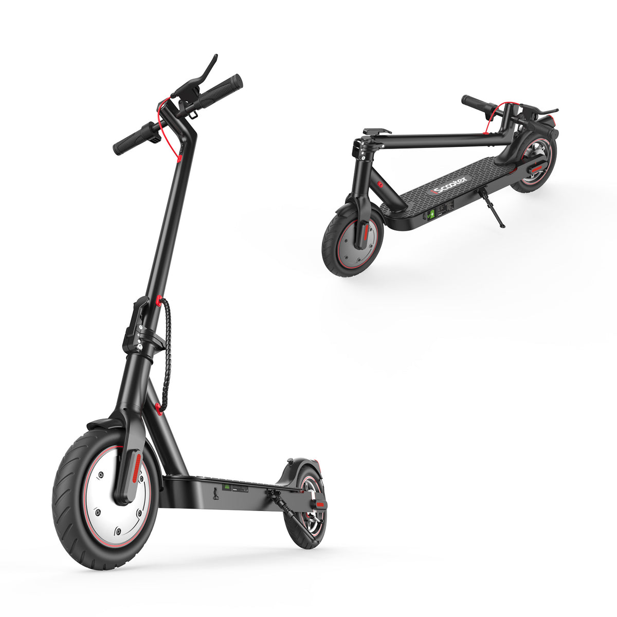 A sleek black electric scooter i8 is shown in two positions: upright and folded. The scooter features red accents, a sturdy frame, and thick tires, highlighting its modern design and portability.