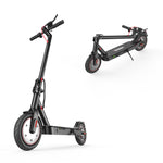 A sleek black electric scooter i8 is shown in two positions: upright and folded. The scooter features red accents, a sturdy frame, and thick tires, highlighting its modern design and portability.