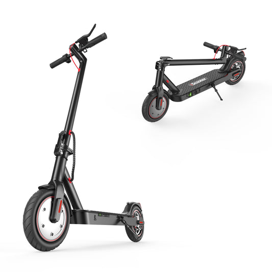 A sleek black electric scooter i8 is shown in two positions: upright and folded. The scooter features red accents, a sturdy frame, and thick tires, highlighting its modern design and portability. 1600