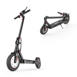 A sleek black electric scooter i8 is shown in two positions: upright and folded. The scooter features red accents, a sturdy frame, and thick tires, highlighting its modern design and portability.