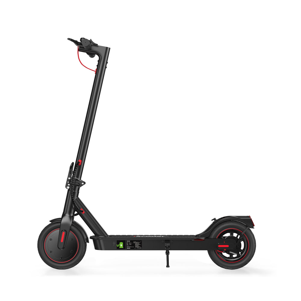 A sleek black electric scooter i8 is shown from a low angle, highlighting its sturdy frame and large, treaded front wheel. The handlebars are visible in the background, and the scooter is equipped with a kickstand.