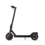 A sleek black electric scooter i8 is shown from a low angle, highlighting its sturdy frame and large, treaded front wheel. The handlebars are visible in the background, and the scooter is equipped with a kickstand.