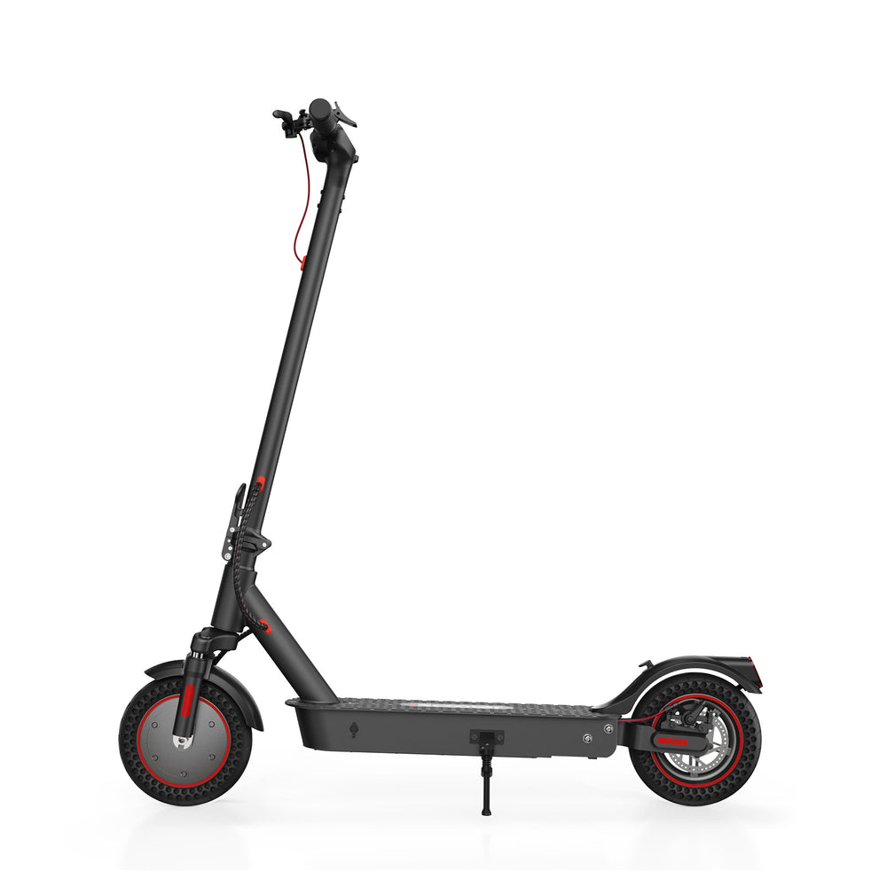 A sleek black electric scooter i9Max  side profile with red accents is shown in profile view, featuring a sturdy frame, two solid wheels, and a kickstand.