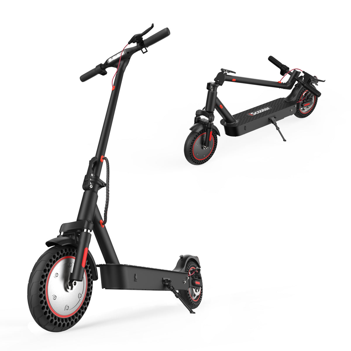 A sleek black electric scooter i9Max is shown in two states: one standing upright and the other folded. The scooter features red accents, solid wheels, and a sturdy frame, making it ideal for urban commuting.