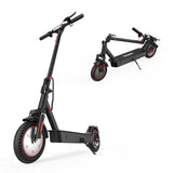 A sleek black electric scooter i9Max is shown in two states: one standing upright and the other folded. The scooter features red accents, solid wheels, and a sturdy frame, making it ideal for urban commuting.