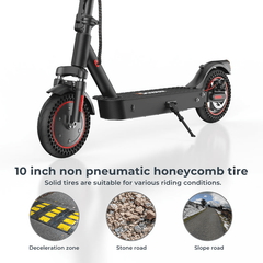 A sleek matte i9max black electric scooter with a foldable design features dual shock absorption, a 10Ah lithium battery, and smart app control, highlighted alongside icons and text detailing its CE UL certification.
