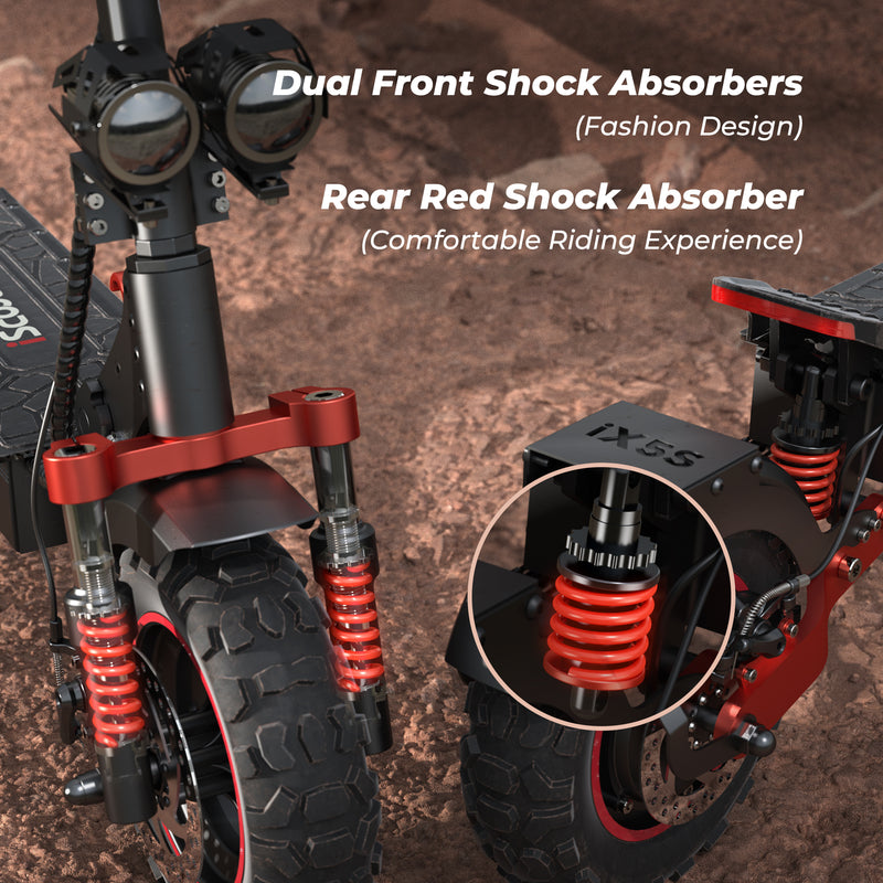 Rear suspension and strong build of iX5 off-road foldable e-scooter.