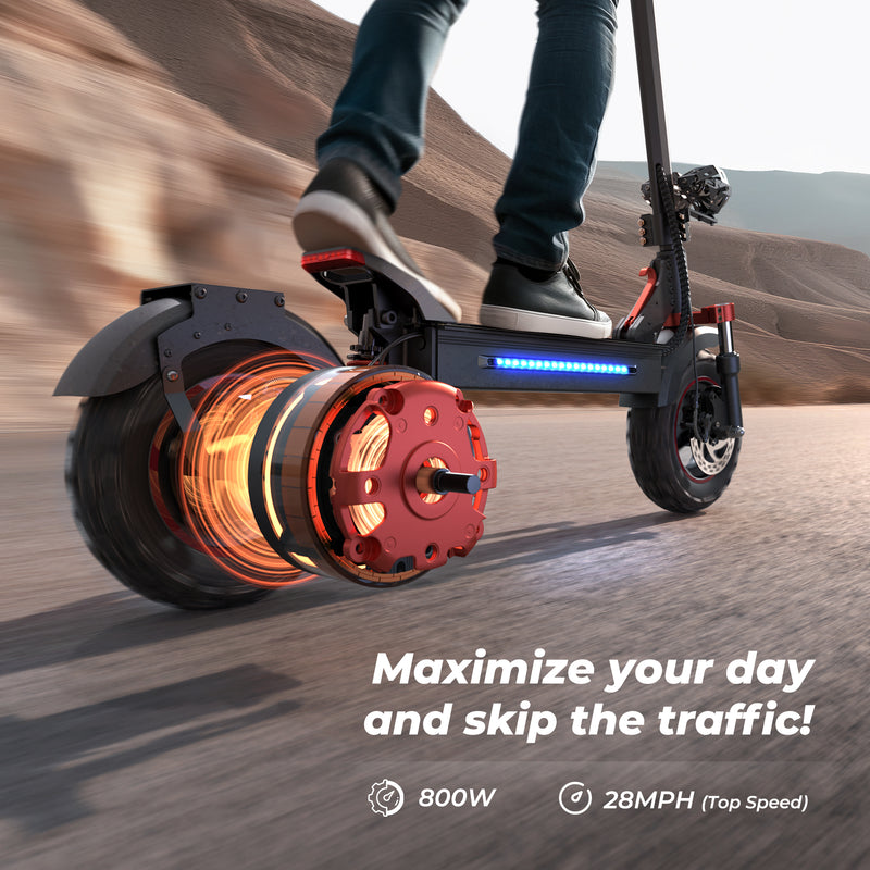 Rider using iX5 800W scooter with adjustable 3-speed modes.