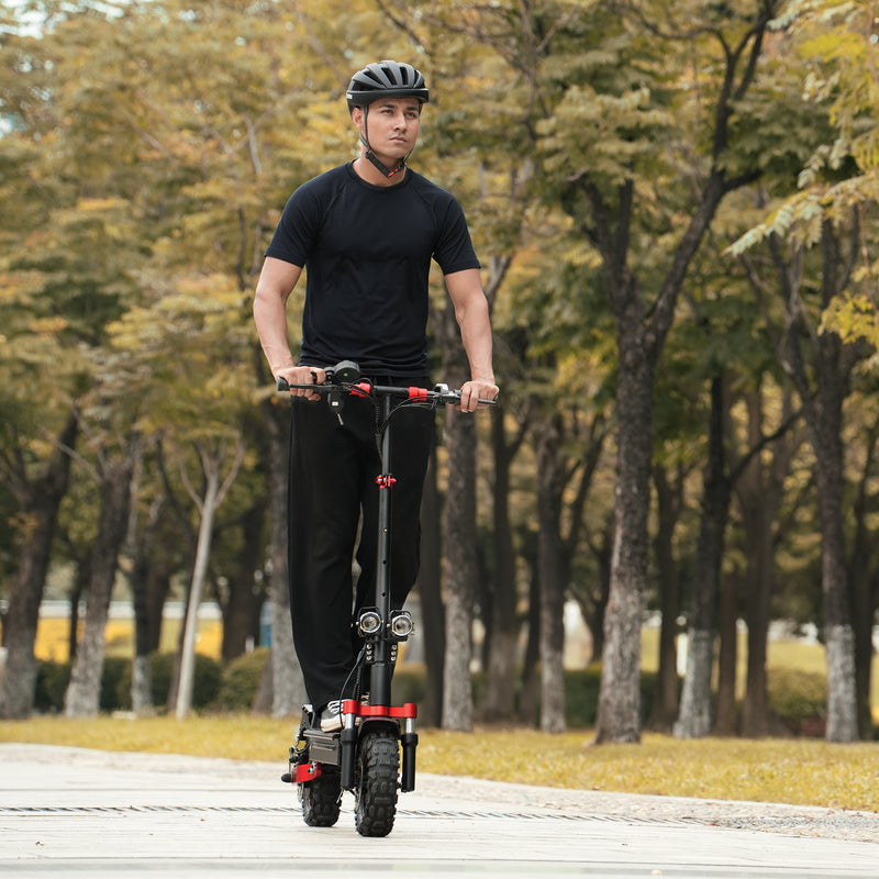 Front view of iX5 scooter with dual suspension and 10-inch all-terrain tires.