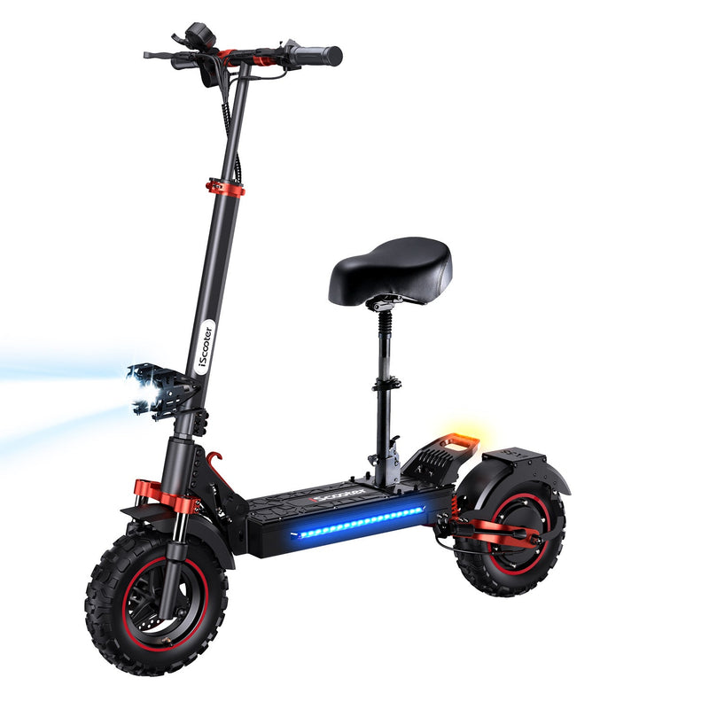 Lifestyle image of iX5 scooter on rough terrain with pneumatic off-road tires.