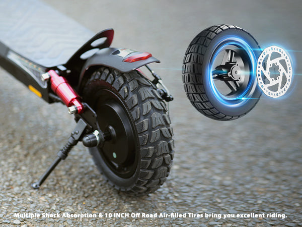 Enhanced riding comfort on the iScooter iX3 Electric Scooter with multi-shock absorption system and 10-inch off-road tires
