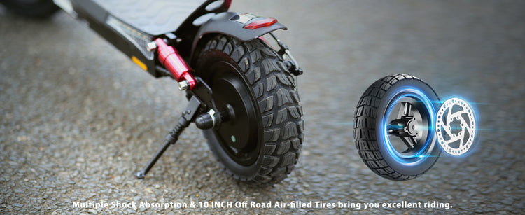 Multiple shock absorbers on 10-inch tires on iScooter iX3 ensuring stable ride on urban roads