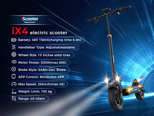 iScooter iX4 Electric Scooter key features including 800W motor, 50 km range, 10-inch all-terrain tires, and dual suspension system