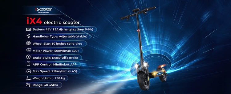 Key features of the iScooter iX4 Electric Scooter: 800W motor, 50 km range, 10-inch all-terrain tires, and dual suspension for versatile riding performance.