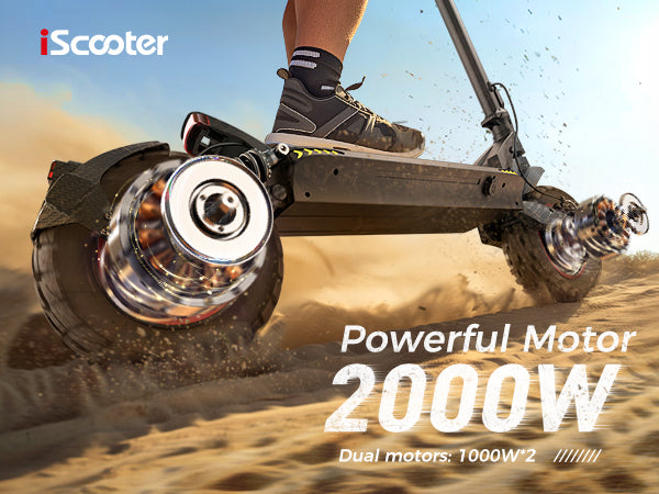 Dual 1000W motor system (2000W total) on the iScooter iX7PRO Electric Scooter delivering balanced power to both wheels for exceptional acceleration and hill-climbing capability.