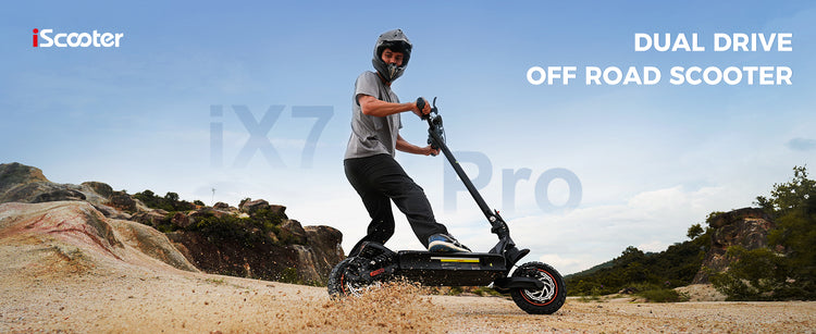 iScooter iX7PRO Off-Road Electric Scooter featuring dual 1000W motors, 38 MPH top speed, and all-terrain capabilities for adventure riding.