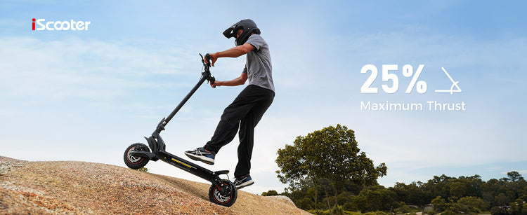 Rider confidently climbing a steep hill on the iScooter iX7PRO, demonstrating its impressive hill-climbing capability.