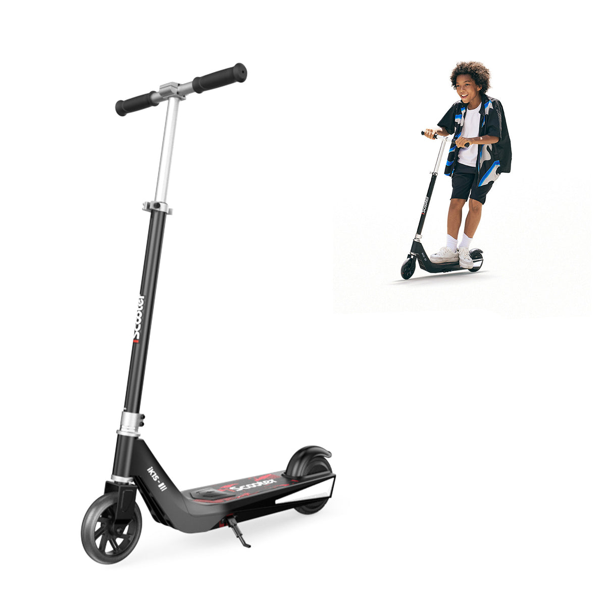A sleek black electric scooter ik1s
with a sturdy frame and large wheels is shown, featuring a kickstand and the brand name "iScooter" on the deck. In the background, a young person is joyfully riding a similar scooter, wearing casual clothing and sneakers.