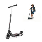 A sleek black electric scooter ik1s
with a sturdy frame and large wheels is shown, featuring a kickstand and the brand name "iScooter" on the deck. In the background, a young person is joyfully riding a similar scooter, wearing casual clothing and sneakers.