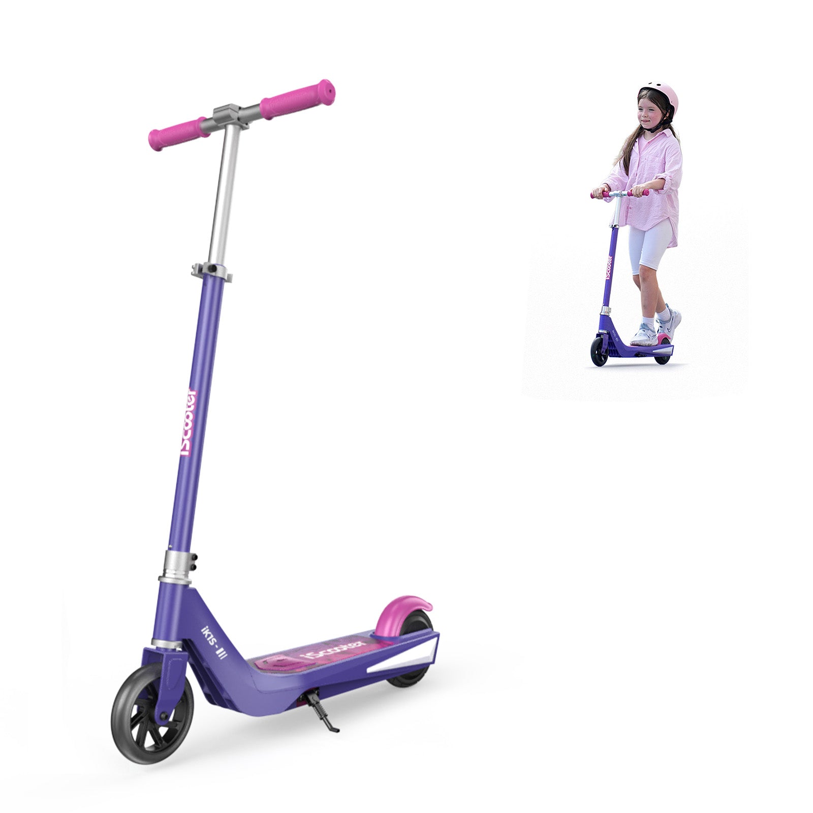 A purple and pink electric scooter with a sturdy frame and kickstand is shown prominently. In the background, a young girl wearing a helmet rides the same scooter, dressed in a pink outfit and white sneakers, smiling as she enjoys her ride.