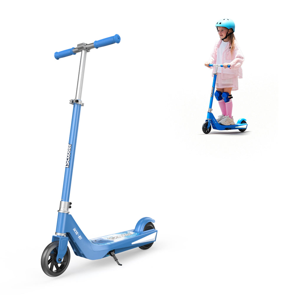 A blue scooter ik1s with a sturdy design is shown prominently, with a girl riding a similar scooter in the background. She is wearing a helmet, knee pads, and a pink outfit, showcasing safety gear while enjoying her ride.