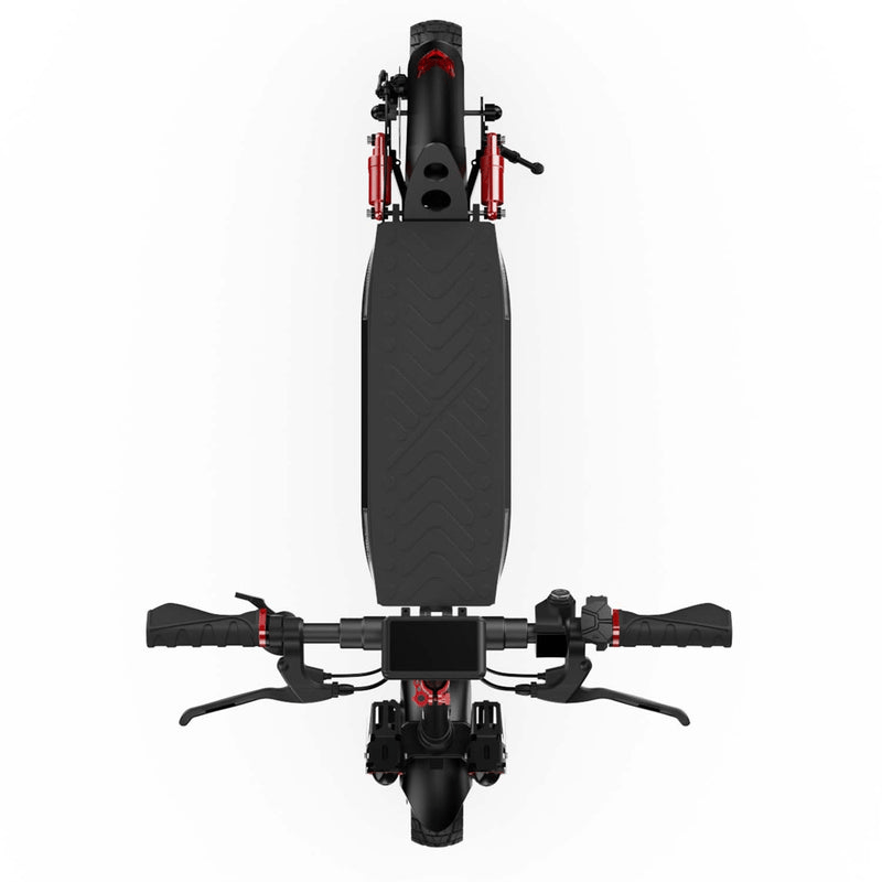 Top view of a black electric scooter ix4 with red accents, showing the handlebars, deck with a textured pattern, and front wheel.