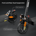 A close-up of an ix4 electric scooter highlighting its front and rear dual suspension system, with orange suspension springs and large black tires, set against a dark background.
