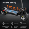 The image shows a close-up of an electric scooter ix4 with a 48V 15Ah battery, highlighting its internal components with a digital overlay. The scooter features thick tires, dual headlights, and a robust suspension. Icons below indicate protections against overcharge, overdischarge, overvoltage, overcurrent, short circuit, and temperature.