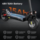 The image shows a close-up of an electric scooter ix4 with a 48V 15Ah battery, highlighting its internal components with a digital overlay. The scooter features thick tires, dual headlights, and a robust suspension. Icons below indicate protections against overcharge, overdischarge, overvoltage, overcurrent, short circuit, and temperature.