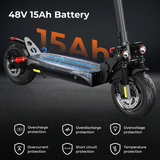 The image shows a close-up of an electric scooter ix4 with a 48V 15Ah battery, highlighting its internal components with a digital overlay. The scooter features thick tires, dual headlights, and a robust suspension. Icons below indicate protections against overcharge, overdischarge, overvoltage, overcurrent, short circuit, and temperature.