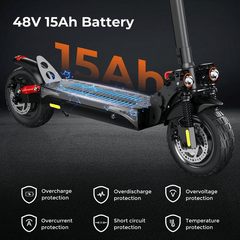 The image shows a close-up of an electric scooter ix4 with a 48V 15Ah battery, highlighting its internal components with a digital overlay. The scooter features thick tires, dual headlights, and a robust suspension. Icons below indicate protections against overcharge, overdischarge, overvoltage, overcurrent, short circuit, and temperature.