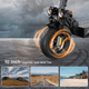 A close-up of an ix4 electric scooter's 10-inch anti-skid tire is shown on a textured surface, with a glowing effect highlighting its grip. Below, three images depict various terrains: a mountainous landscape, a barren road, and a tropical beach, emphasizing the tire's versatility.
