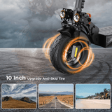 A close-up of an ix4 electric scooter's 10-inch anti-skid tire is shown on a textured surface, with a glowing effect highlighting its grip. Below, three images depict various terrains: a mountainous landscape, a barren road, and a tropical beach, emphasizing the tire's versatility.